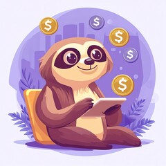A cheerful sloth uses a tablet, surrounded by floating dollar signs, symbolizing relaxation and financial success.