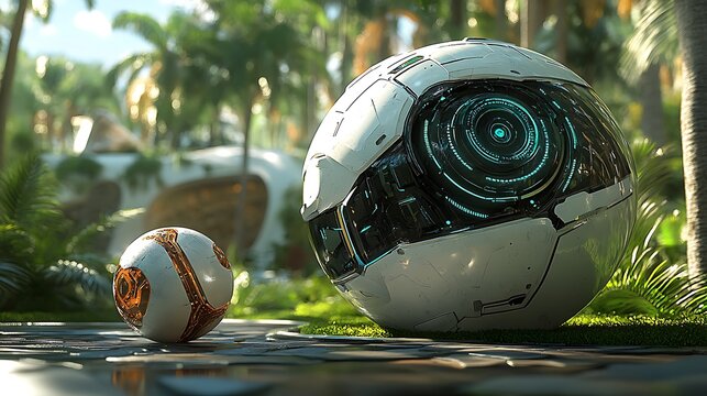 Futuristic spheres in tropical garden.  Possible use for Sci-fi, futuristic imagery