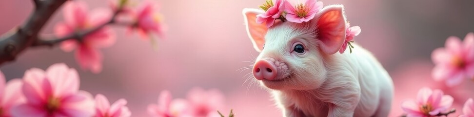Fluffy piglet wears floral crown, pink blossoms , happy, flower crown