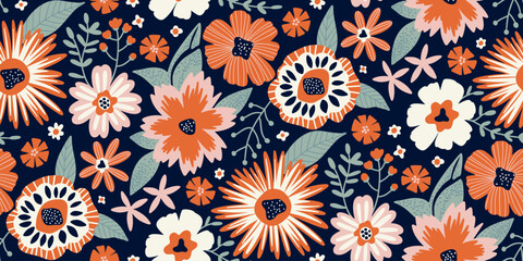 Vibrant retro floral half drop pattern featuring large and small flowers in orange, pink, white on a dark navy blue background. Ideal for textile design, wallpaper, wrappings, or packaging.