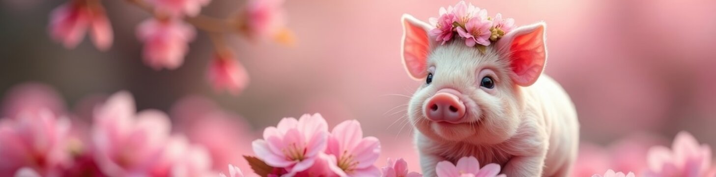 Fluffy piglet wears floral crown, pink blossoms , summer, pig, snout