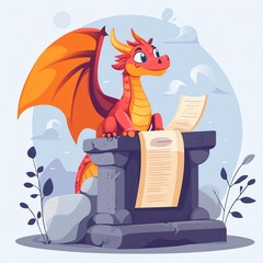 A colorful cartoon dragon proudly perches on a stone pillar, gazing at a scroll in a magical landscape.
