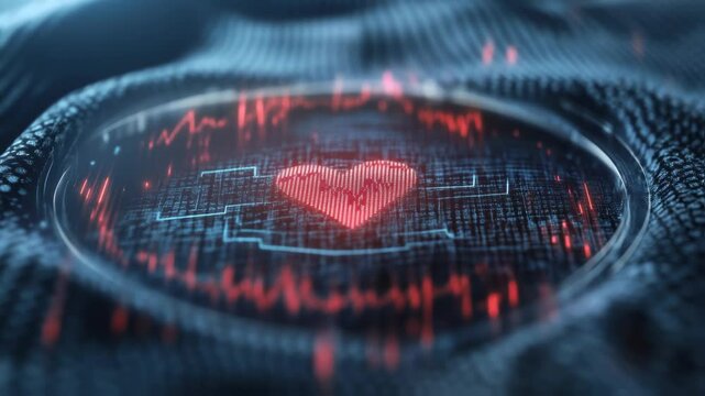A focused shot of a biosensor embedded in a patients clothing with AR graphics overlaying it to indicate various health parameters such as heart rate and temperature symbolizing the