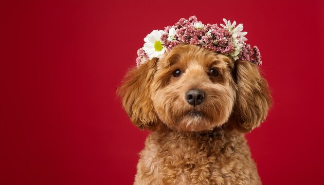 portrait of a mini goldendoodle dog wearing a floral headdress sitting in front of a red background