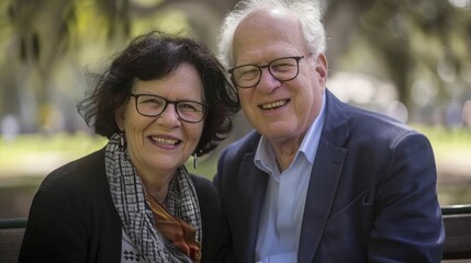 Fototapeta premium Senior couple in their 70s smiling and enjoying peaceful moments on a park bench under a shady tree, symbolizing long life and happiness.