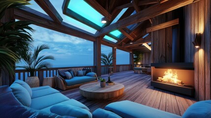 Fototapeta premium Cozy lounge space on a terrace blending rustic wooden beams with digital smart panels, vintage fireplace with futuristic holographic flames