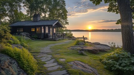 Fototapeta premium Charming Cabin by the Lake at Sunset