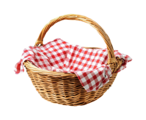 Woven basket with red and white checkered cloth liner for picnics and outdoor gatherings during warm seasons, cut out