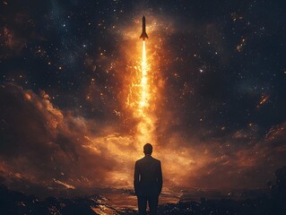 Fototapeta premium Determined Aerospace Engineer Gazing at Glowing Rocket Launch with Pride and Ambition