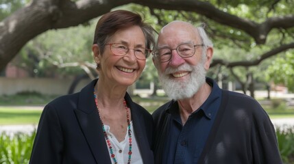 Fototapeta premium Senior couple in their 70s smiling and enjoying peaceful moments on a park bench under a shady tree, symbolizing long life and happiness.