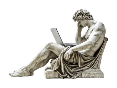 Modern technology meets classical sculpture in a thought-provoking moment of reflection and creativity inspired by ancient art styles, cut out - Powered by Adobe