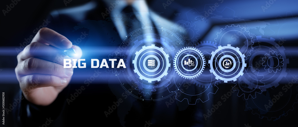 Wall mural big data analysis analytics internet technology concept. businessman pressing button on screen.