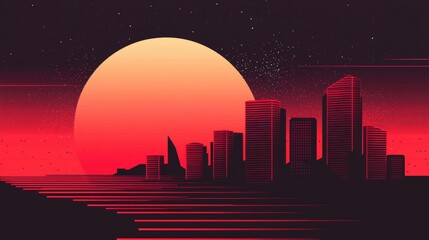 Fototapeta premium A city skyline with a large red sun in the background
