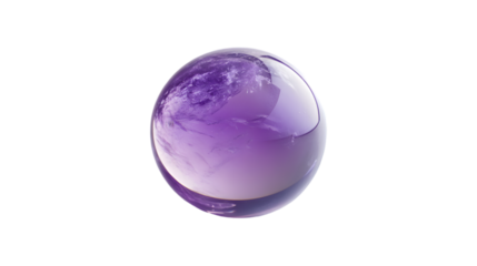 Purple glass globe with earth-like features on white background