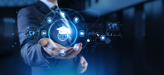 E-learning Online learning distance education concept. Businessman pressing button on screen.