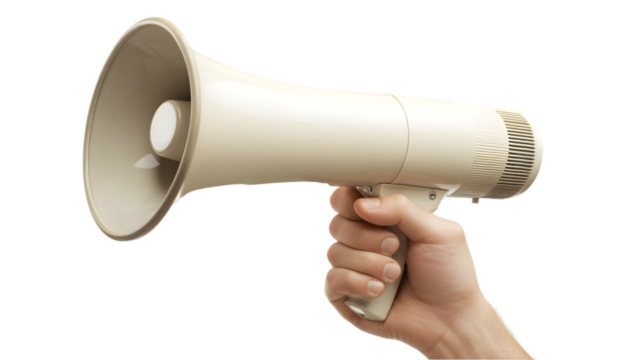 Hand holding megaphone close-up with neutral background