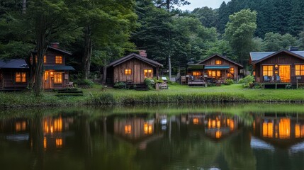 Fototapeta premium Charming Rustic Cabins by the Lake at Twilight