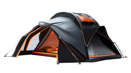 Innovative black and orange tent with modern design and spacious interior
