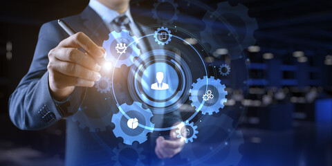 HR Human resources management Recruitment Headhunting. Businessman pressing button on screen.