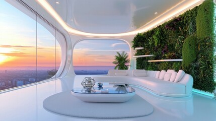 Fototapeta premium High tech eco friendly living room featuring sleek metallic finishes, glass coffee tables, lush vertical plant walls, panoramic sunset view, soft ambient