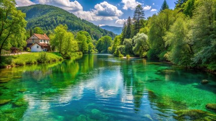 Fototapeta premium Serene green waters of Mreznica river flowing gently through Belavici village, surrounded by lush vegetation and majestic trees