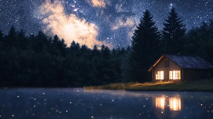 Fototapeta premium Night Cabin Lake Stars Peaceful Lakeside Cottage at Night