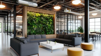 Industrial chic eco friendly living room featuring exposed metal beams, glass partitions, lush vertical plant wall, dark toned furniture with wooden details