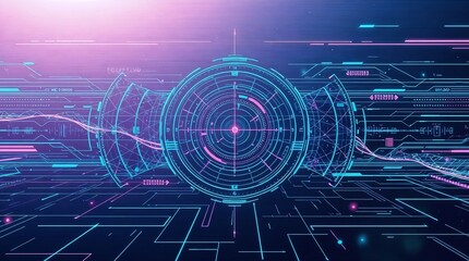 Futuristic digital radar screen with glowing lines and geometric shapes on a dark background, copy space
