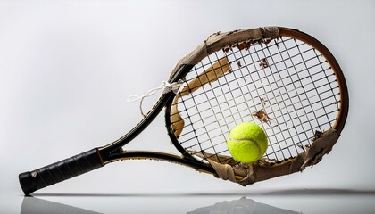 broken tennis racket with ball in strings on white