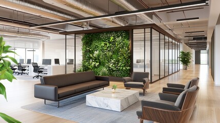Industrial chic eco friendly living room featuring exposed metal beams, glass partitions, lush vertical plant wall, dark toned furniture with wooden details