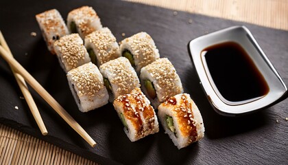 sushi with sesame seeds chop sticks and soy sauce
