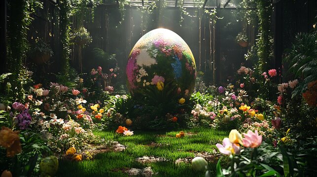 A lush garden with a giant Easter egg sculpture surrounded by flowers,