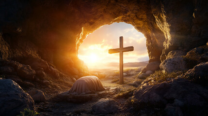 Empty Tomb and Glowing Cross: Symbol of Resurrection and Hope