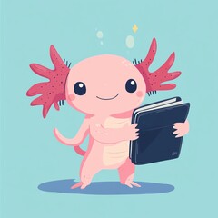 A cute, cartoon-style axolotl character joyfully holding a tablet, radiating charm and playfulness.