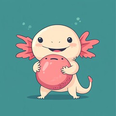 A cute, cartoon-style creature with a playful expression holding a colorful ball against a vibrant background.