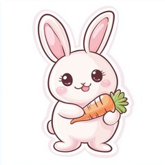 Obraz premium Kawaii Bunny Sticker – Cute Chubby Rabbit Holding Carrot. Kawaii Animal Stickers