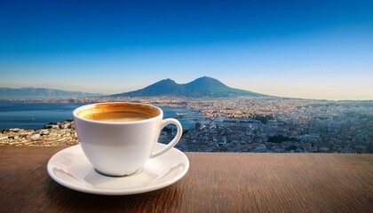 cup of coffee with view on vesuvius mount in naples