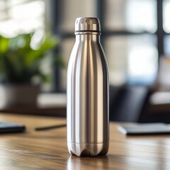 Sleek Brushed Aluminum Water Bottle on Modern Wooden Workspace