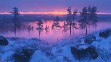 Winter Sunrise Over Snowy Forest Mountaintop