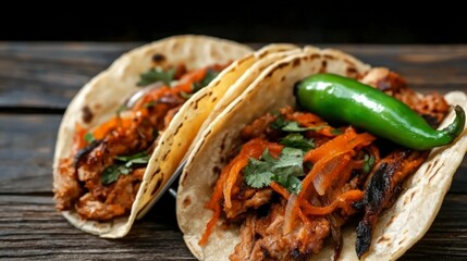 Delicious Tacos  Mexican Food  Spicy  Wood Table  Closeup