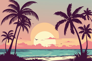 Palm trees silhouettes on tropical summer beach icon for t-shirt, isolated on a white background, Flat style vector illustration, beach with palm trees vintage vector illustration