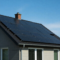 Fototapeta premium Modern house with blue solar panels on the roof. End of the day, sunset. Idyllic atmosphere