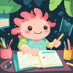 A cute creature studying and writing in a notebook surrounded by colorful pencils and plants.