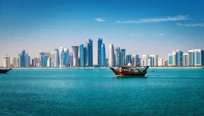 view of the islamic arts building skyscrapers ships and city view from the seaside in doha qatar