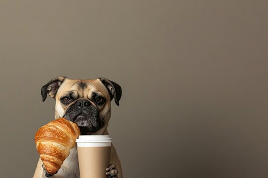 Pug holding coffee cup and croissant, showcasing charming mornin