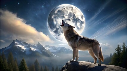 Wolf Howling at Earth Moon Night Sky