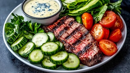 Grilled Steak Salad with Blue Cheese Dressing  Fresh Cucumbers  Tomatoes  Parsley