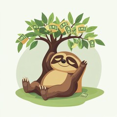 A cute sloth relaxing under a money tree, representing financial success and enjoyment of life.