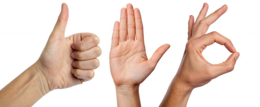 The image displays three different hand gestures, each conveying distinct meanings, set against a dark background.