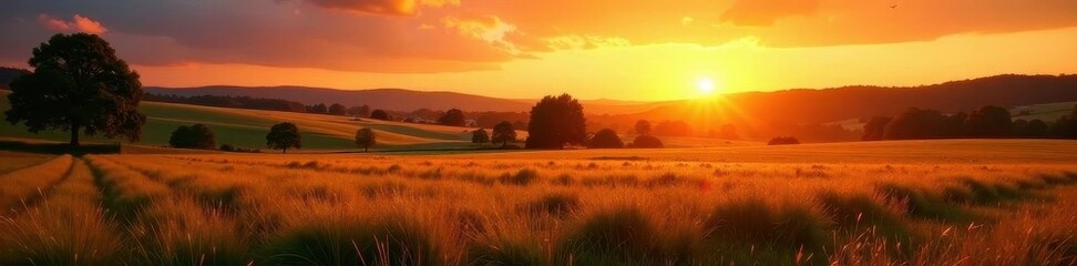 Fototapeta premium Golden hour light bathes a Calldetenes farm at sunset , light, stock photo